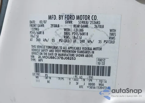 2007 Lincoln Mkx z USA, uszkodzony, nr VIN 2LMDU88C37BJ08253